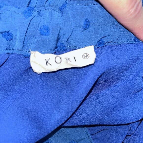 Kori Los Angeles Women's Square Neck Blue Top Puff Sleeve Swiss Dot Texture M - Picture 6 of 8